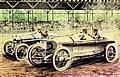 Indianalpolis-Rennen, 31. Mai 1915 (Gemälde von Carlo Demand). Ralph de Palma, der Sieger des 500-Meilen-Rennen auf Mercedes 115-PS Grand-Prix-Rennwagen 1914 überholt Dario Resta auf Peugeot.